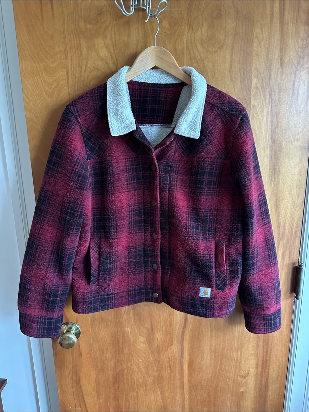 Women’s red plaid fleece barn jacket